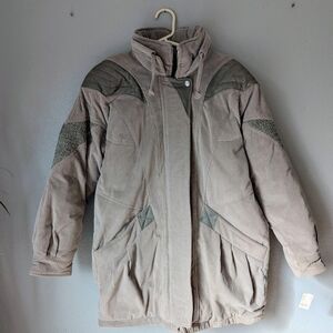 Vintage Women's Taupe Corduroy Puffer Jacket With  Leather & Knit Detailing